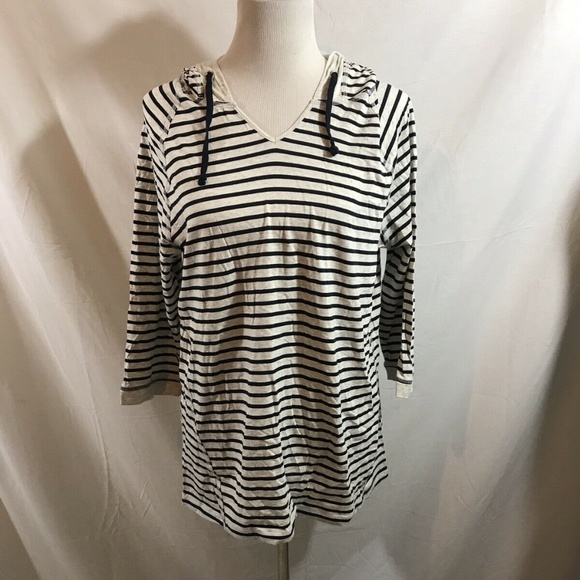 CJ Banks Tops - CJ Banks gray & black striped 3/4 sleeve hooded to